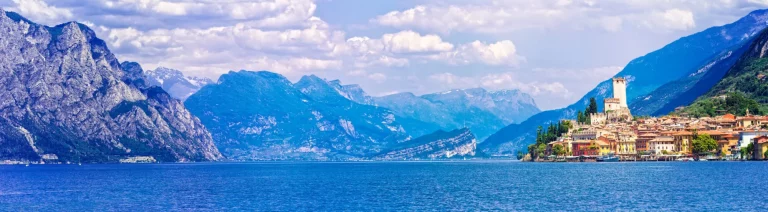 Beautiful scenery of Lago di Garda with view of Malcesine town. Italy